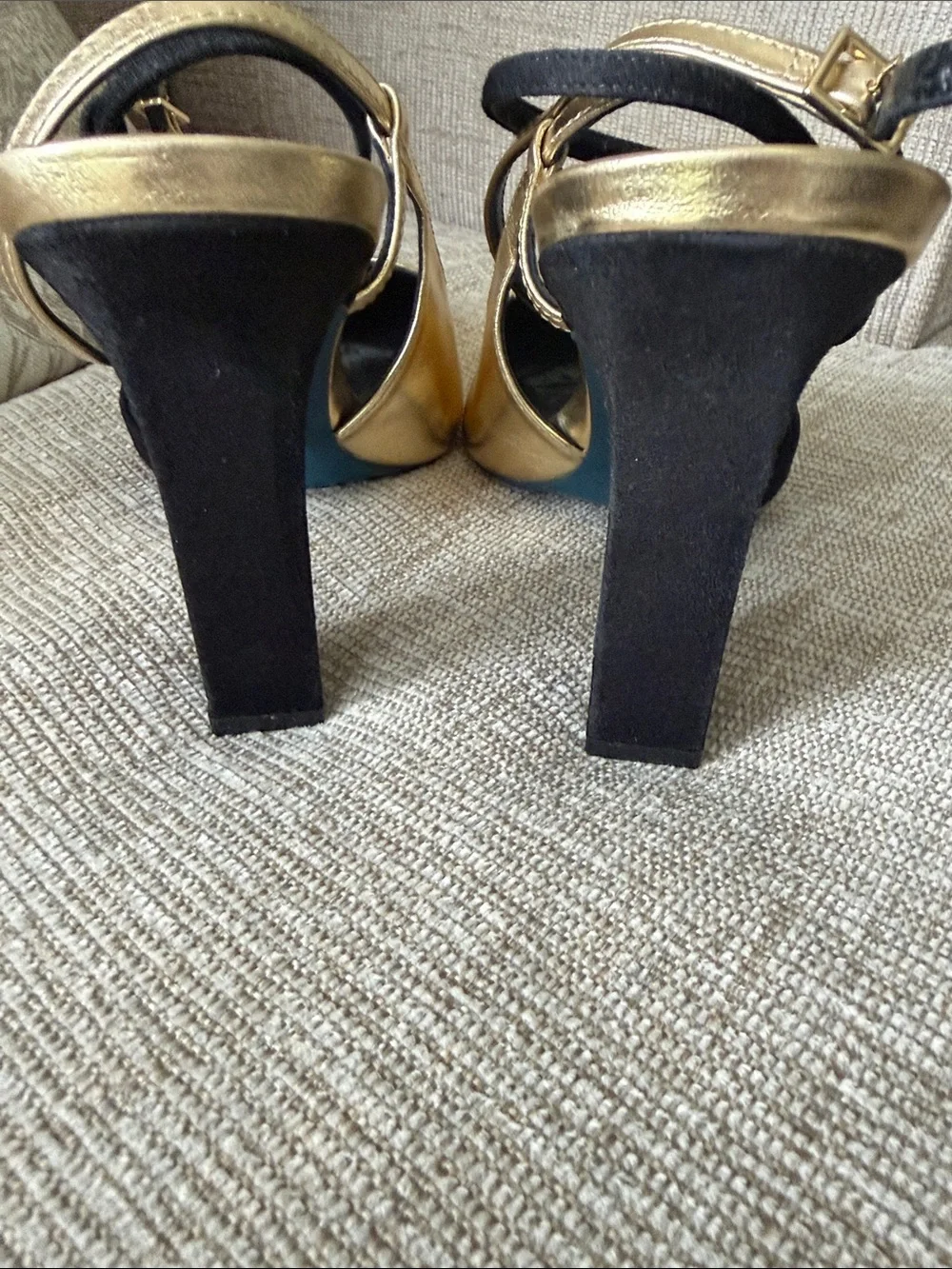 NWOT Zara Gold and Black Square-Toe Ankle-Strap Heels with blue soles.